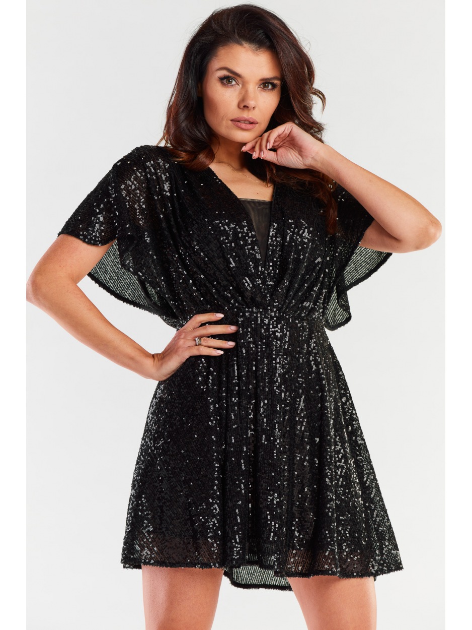 Cekinowa sukienka mini z dekoltem V i krótkimi rękawami, czarny - tył