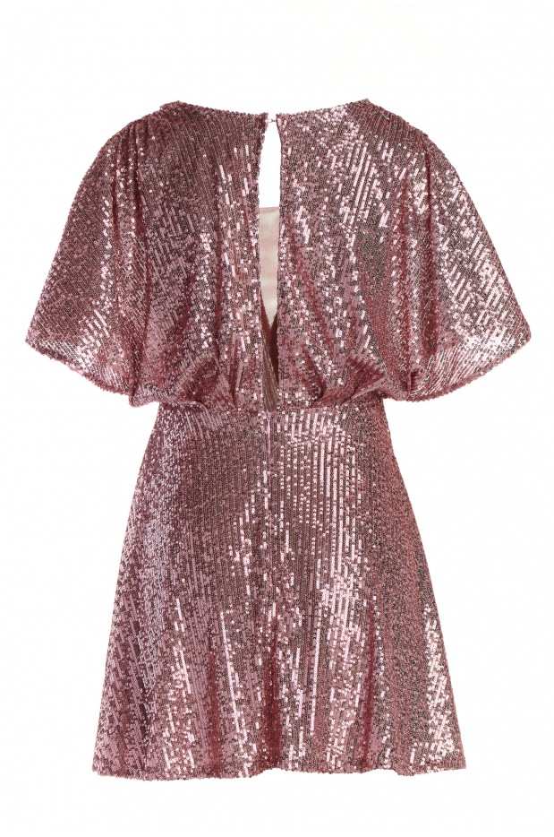 Cekinowa sukienka mini z dekoltem V i krótkimi rękawami, różowa - przód