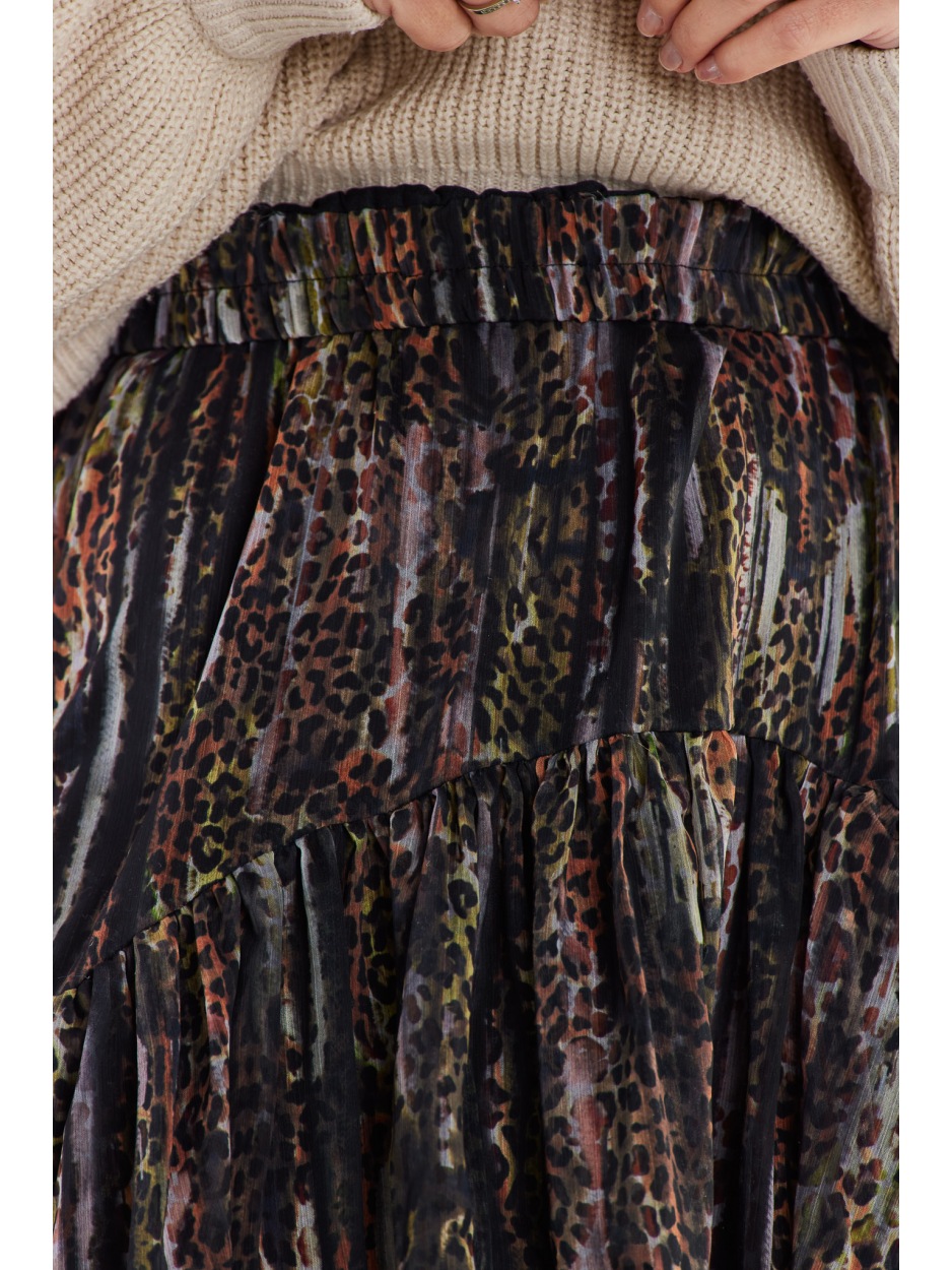 Asymetryczna spódnica z szyfonu z falbanami, brązowy wzór - prawo