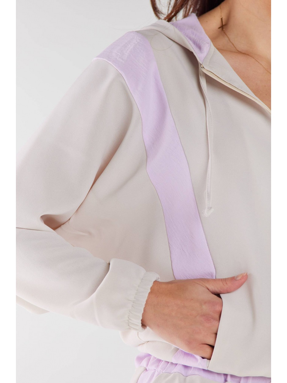Casualowa bluza z kapturem z tkaniny, beżowo-fioletowa - bok