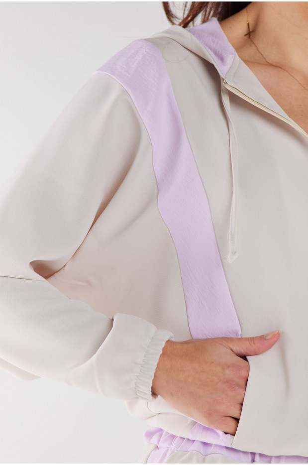 Casualowa bluza z kapturem z tkaniny, beżowo-fioletowa - przód