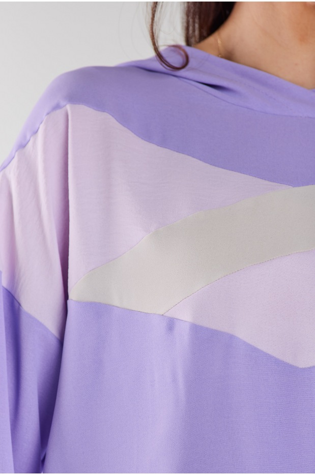 Casualowa bluza z tkaniny, fioletowo-beżowa - tył