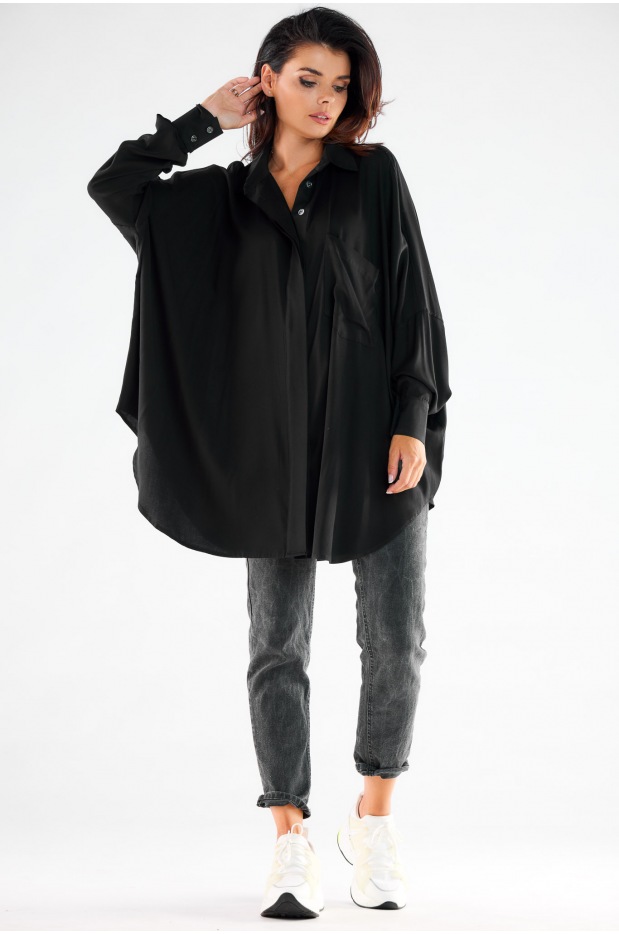 Oversizowa koszula z wiskozy, czarna - przód
