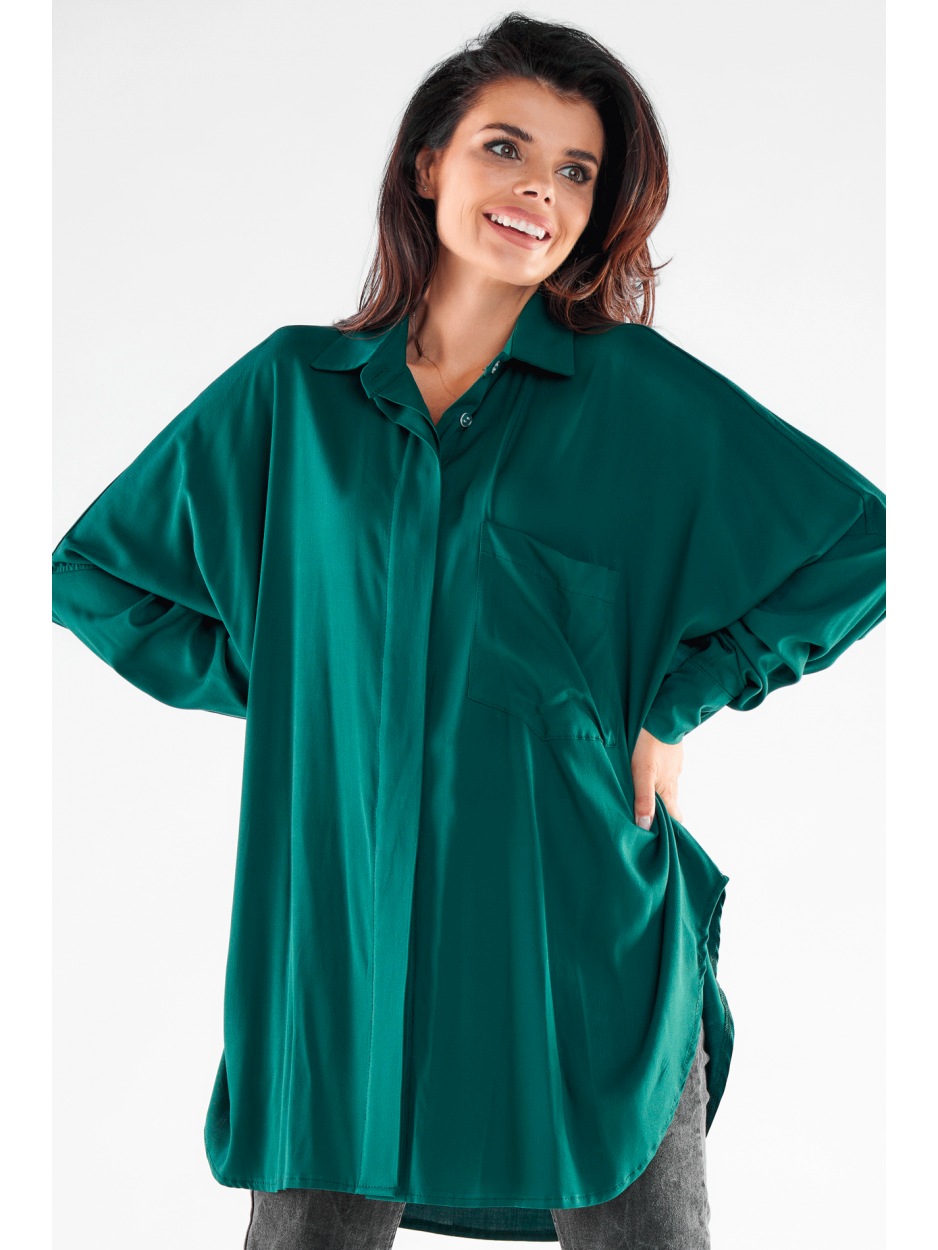 Oversizowa koszula z wiskozy, butelkowa zieleń - tył