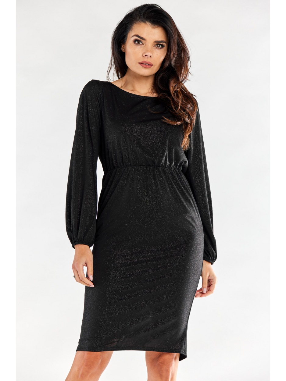 Elegancka, brokatowa sukienka midi z odkrytymi plecami i długimi rękawami, czarna - tył