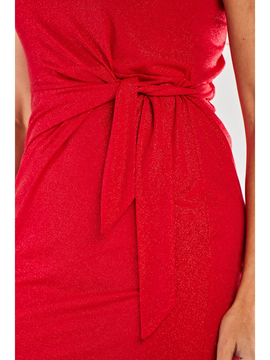 Sukienka mini o dopasowanym fasonie z brokatowej dzianiny, czerwona - prawo