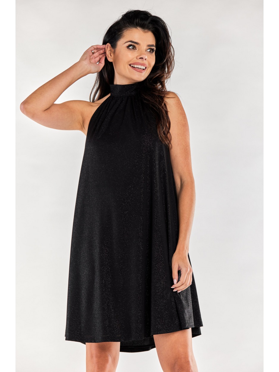 Trapezowa, brokatowa sukienka mini z półgolfem, czarny - tył