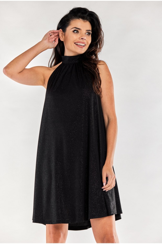 Trapezowa, brokatowa sukienka mini z półgolfem, czarny - tył