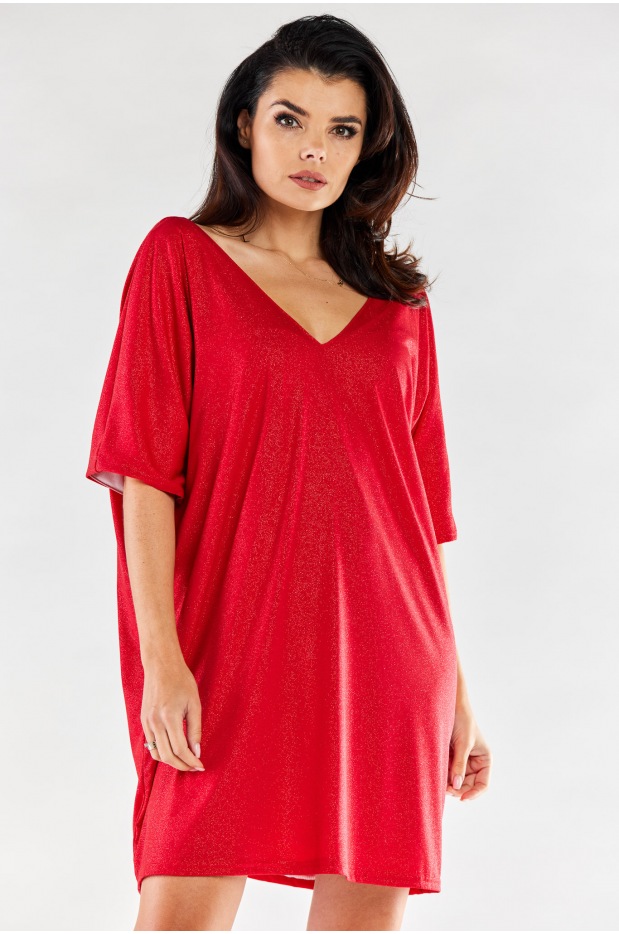 Brokatowa, oversizowa sukienka mini o luźnym fasonie i prostym kroju, czerwona - tył