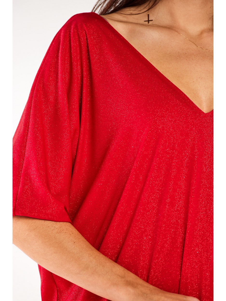 Brokatowa, oversizowa sukienka mini o luźnym fasonie i prostym kroju, czerwona - prawo