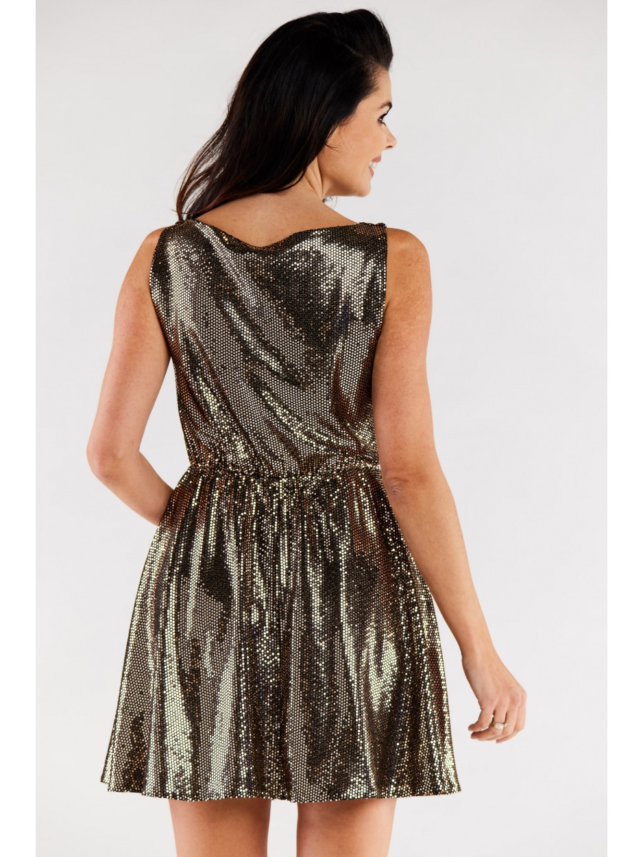 Rozkloszowana  sukienka mini  z dekoltem typu woda, złota - dół
