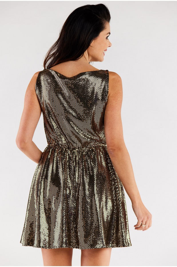 Rozkloszowana  sukienka mini  z dekoltem typu woda, złota - dół