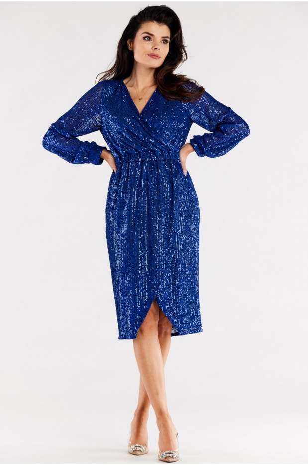 Asymetryczna cekinowa sukienka z kopertowym dekoltem i długimi rękawami, kobaltowy niebieski - góra