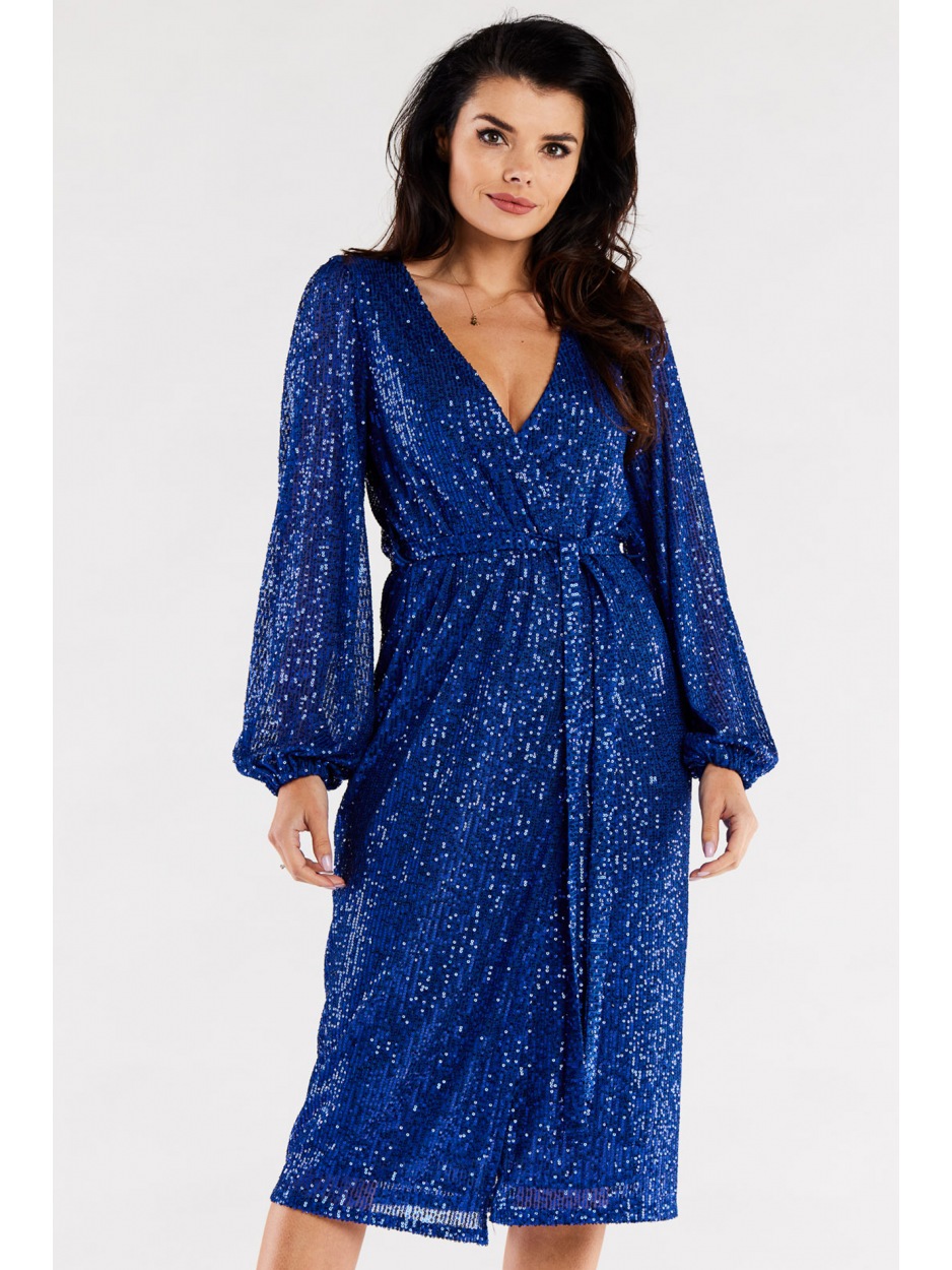 Cekinowa sukienka midi z dekoltem V i szerokimi długimi rękawami , kobaltowa - tył
