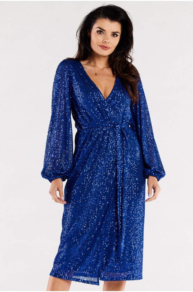 Cekinowa sukienka midi z dekoltem V i szerokimi długimi rękawami , kobaltowa - tył