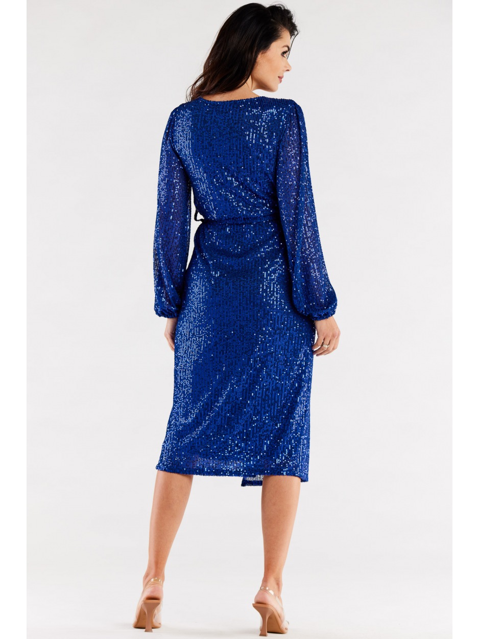 Cekinowa sukienka midi z dekoltem V i szerokimi długimi rękawami , kobaltowa - lewo