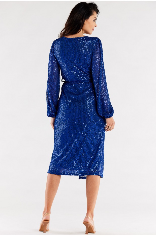 Cekinowa sukienka midi z dekoltem V i szerokimi długimi rękawami , kobaltowa - lewo