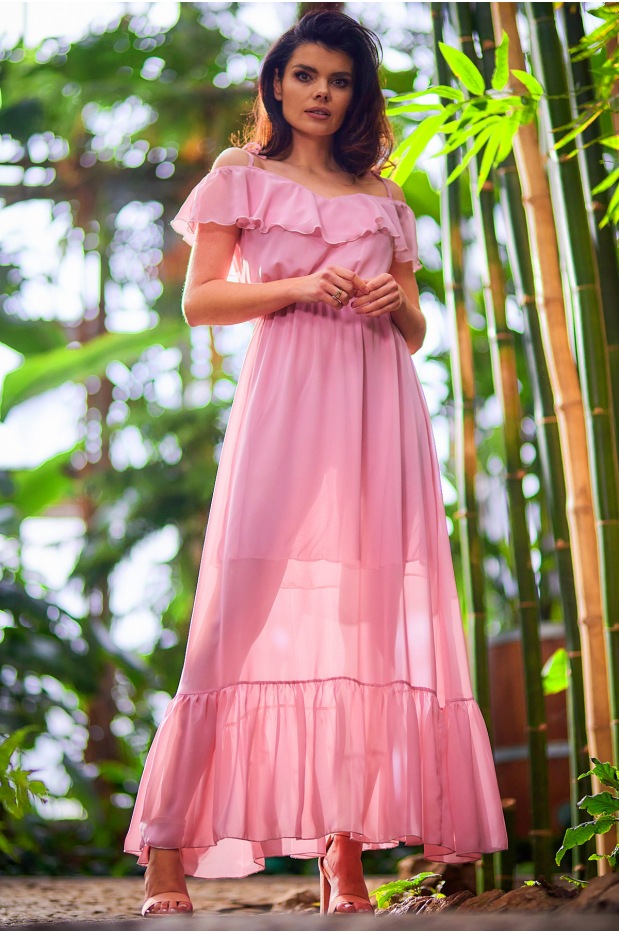 Sukienka maxi z szyfonu z hiszpańskim dekoltem szyfonu, pudrowy róż - przód
