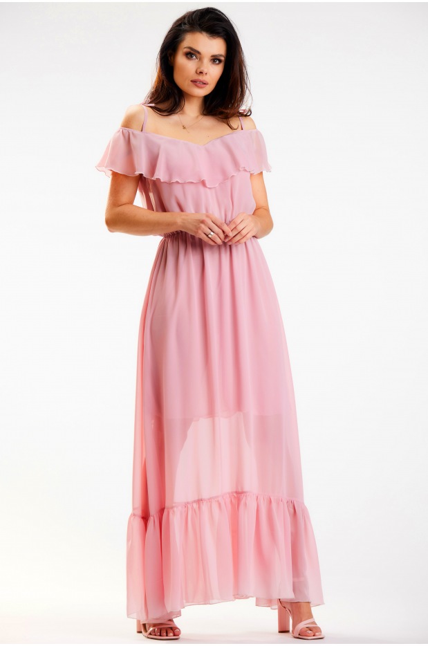 Sukienka maxi z szyfonu z hiszpańskim dekoltem szyfonu, pudrowy róż - bok