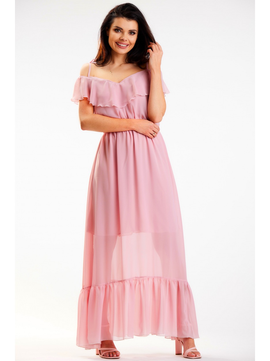 Sukienka maxi z szyfonu z hiszpańskim dekoltem szyfonu, pudrowy róż - lewo