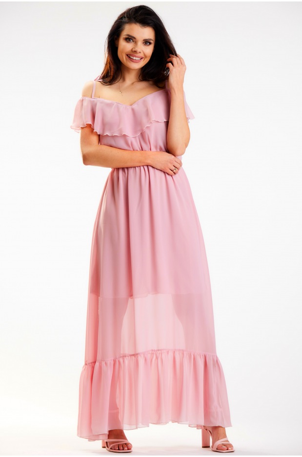 Sukienka maxi z szyfonu z hiszpańskim dekoltem szyfonu, pudrowy róż - lewo