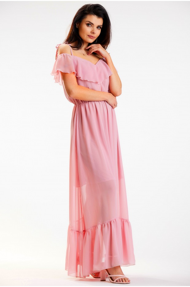 Sukienka maxi z szyfonu z hiszpańskim dekoltem szyfonu, pudrowy róż - prawo