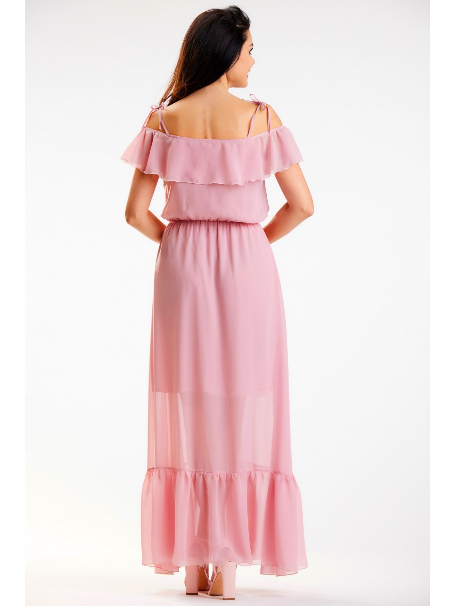 Sukienka maxi z szyfonu z hiszpańskim dekoltem szyfonu, pudrowy róż - góra