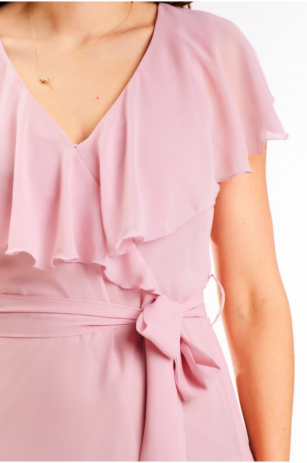Asymetryczna sukienka z szyfonu z falbanami, pudrowy róż - lewo