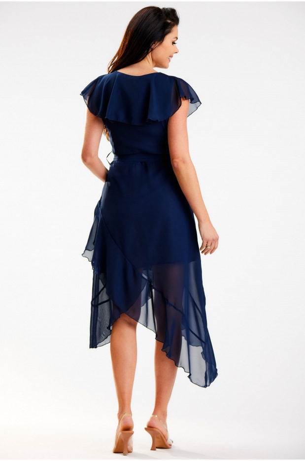 Asymetryczna sukienka z szyfonu z falbanami, granat - dół