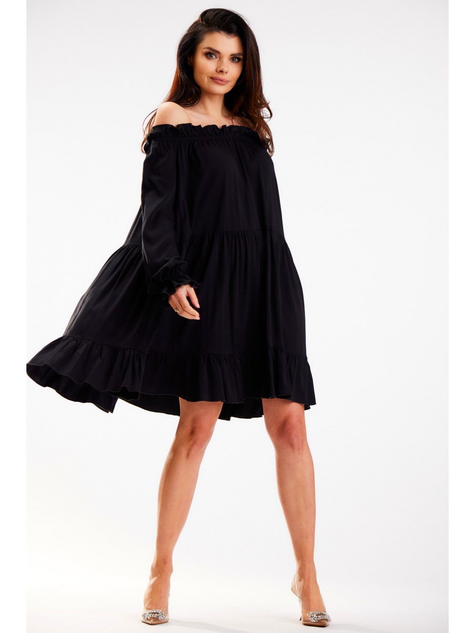 Trapezowa sukienka hiszpanka z falbaną i długimi rękawami z wiskozy, czarna - tył