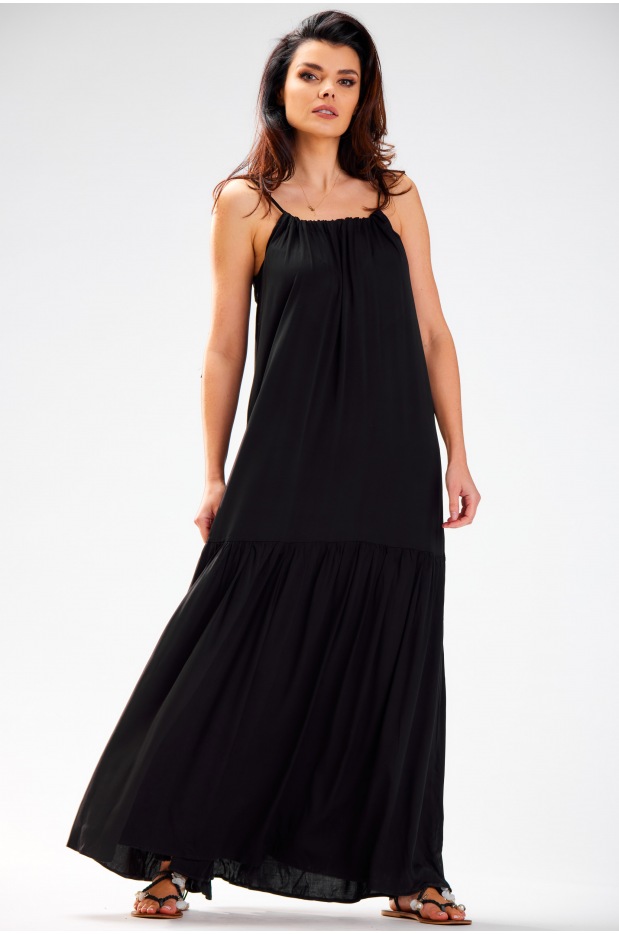Oversizowa, letnia sukienka maxi na ramiączkach, czarny - tył