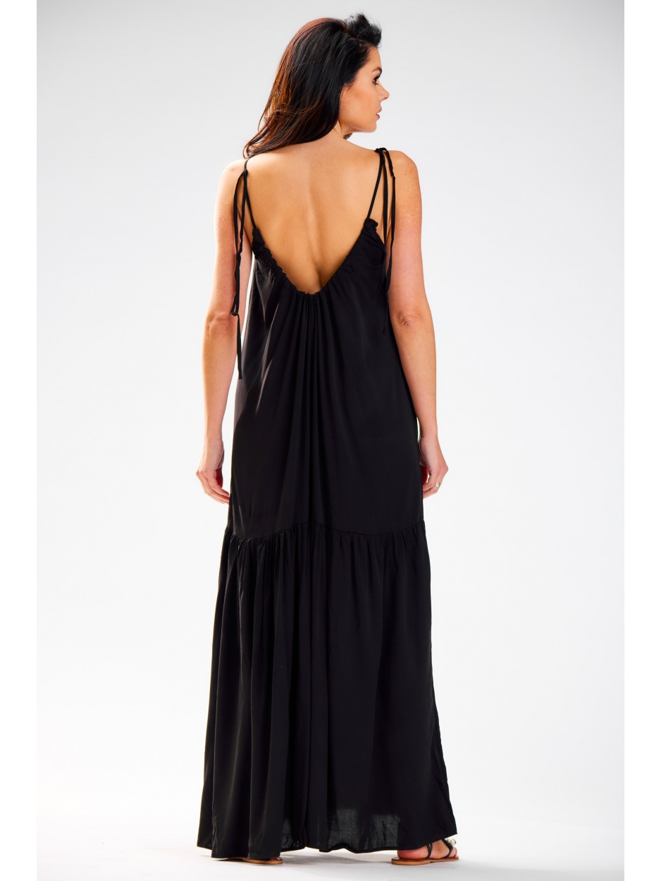 Oversizowa, letnia sukienka maxi na ramiączkach, czarny - przód