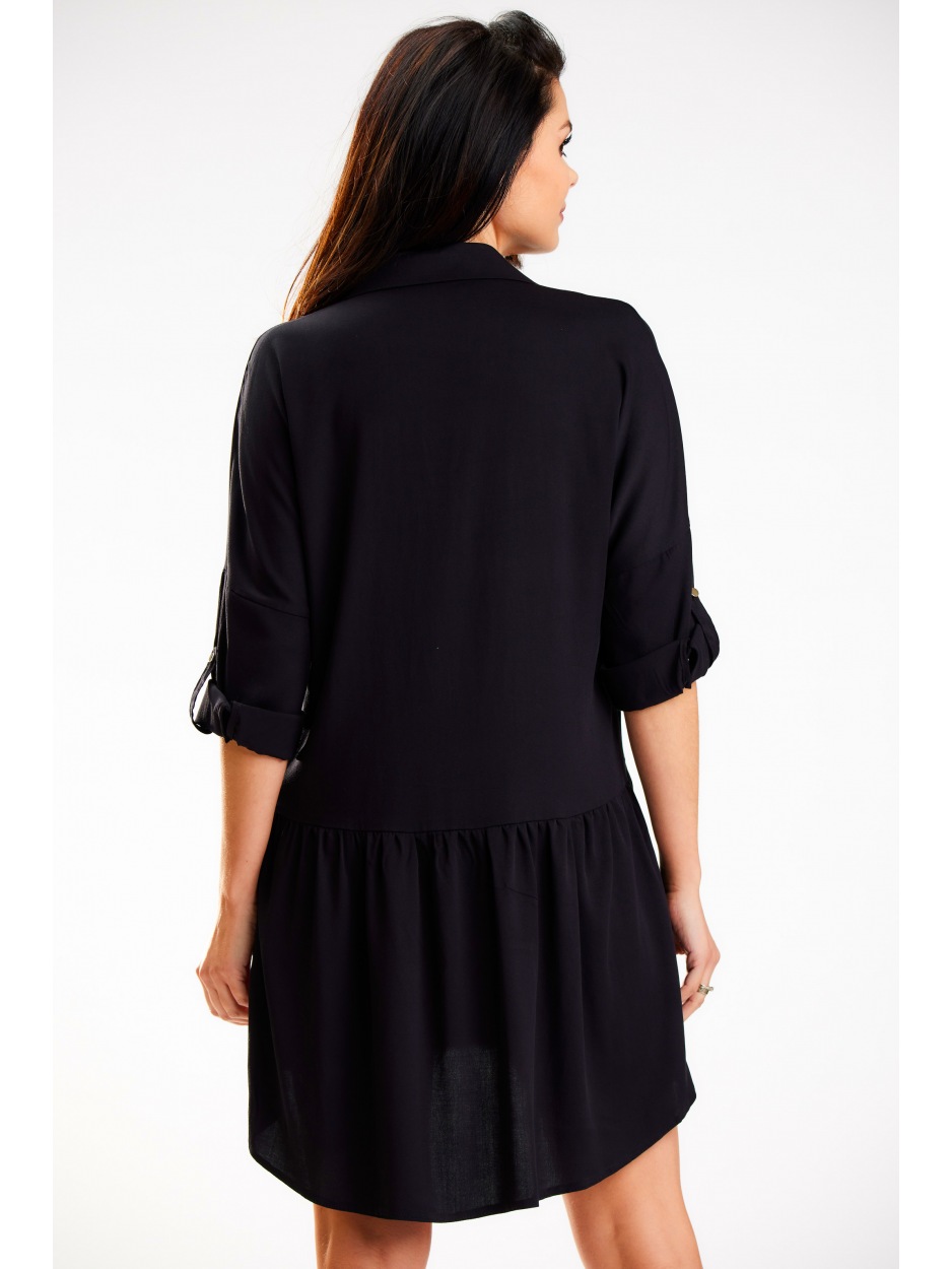 Sukienka koszulowa z wiskozy o luźnym fasonie, czarny - lewo