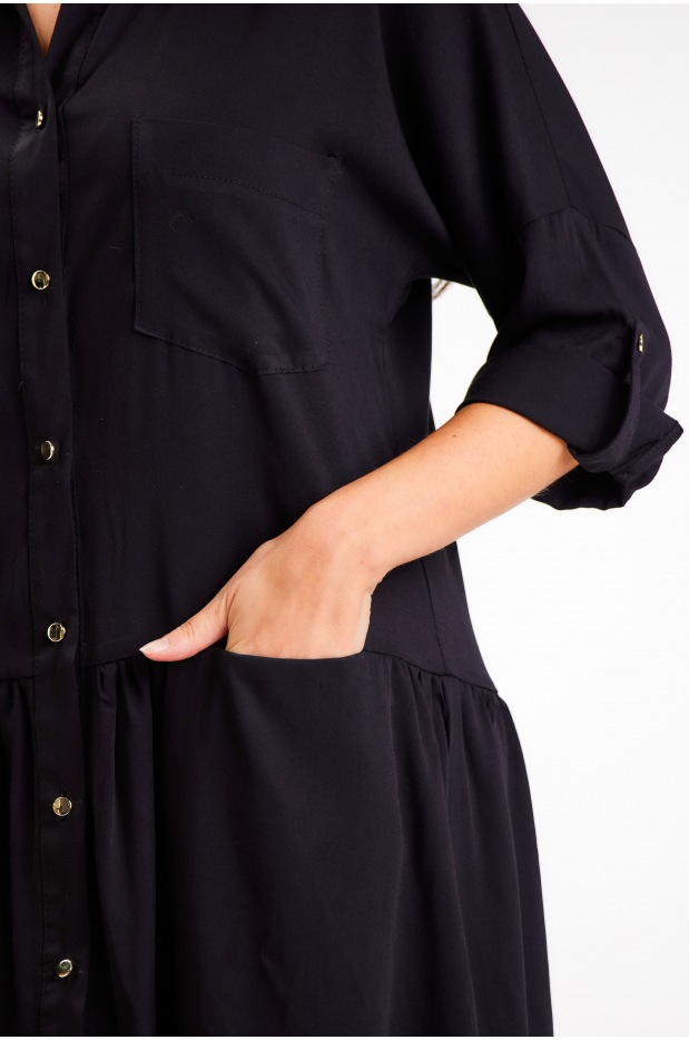 Sukienka koszulowa z wiskozy o luźnym fasonie, czarny - dół