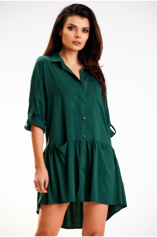 Sukienka koszulowa z wiskozy o luźnym fasonie, butelkowa zieleń - tył
