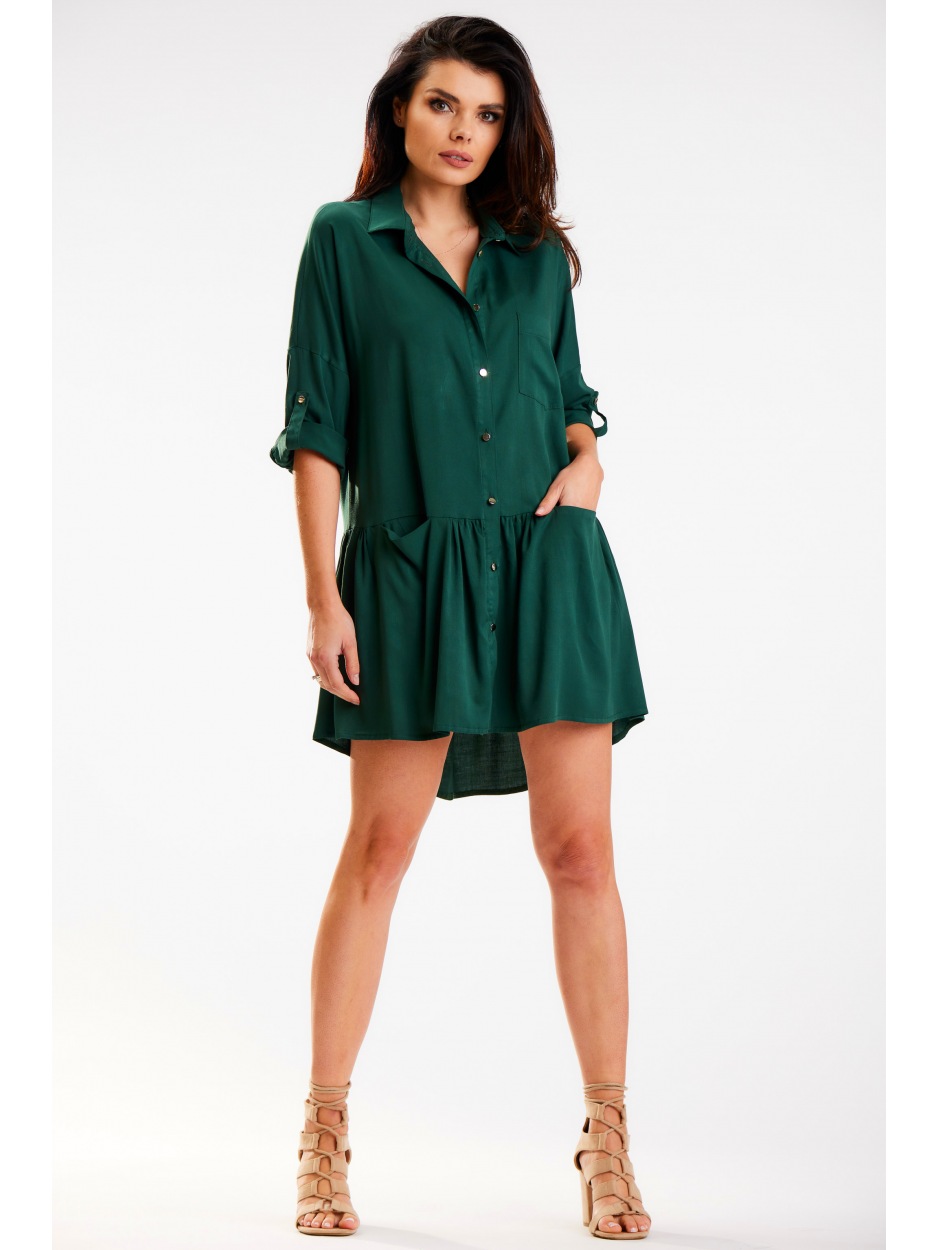 Sukienka koszulowa z wiskozy o luźnym fasonie, butelkowa zieleń - przód