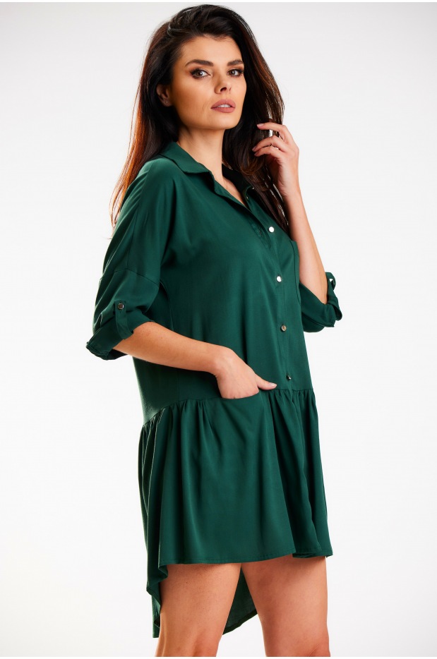Sukienka koszulowa z wiskozy o luźnym fasonie, butelkowa zieleń - bok