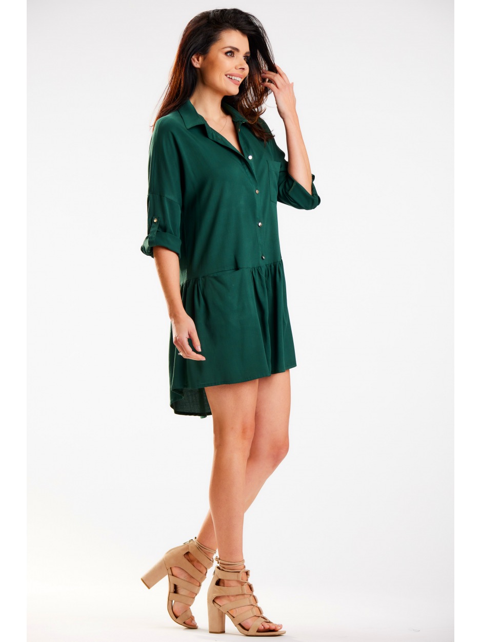 Sukienka koszulowa z wiskozy o luźnym fasonie, butelkowa zieleń - lewo