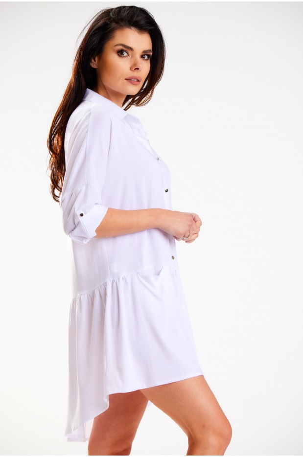 Sukienka koszulowa z wiskozy o luźnym fasonie, biała - lewo