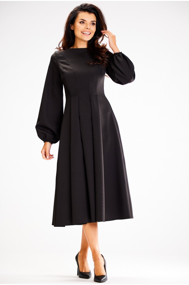 Elegancka sukienka midi z zaszewkami i długim rękawem, czarna - tył