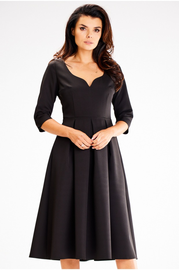Sukienka midi z kontrafałdami rękawami ¾, czarna - tył