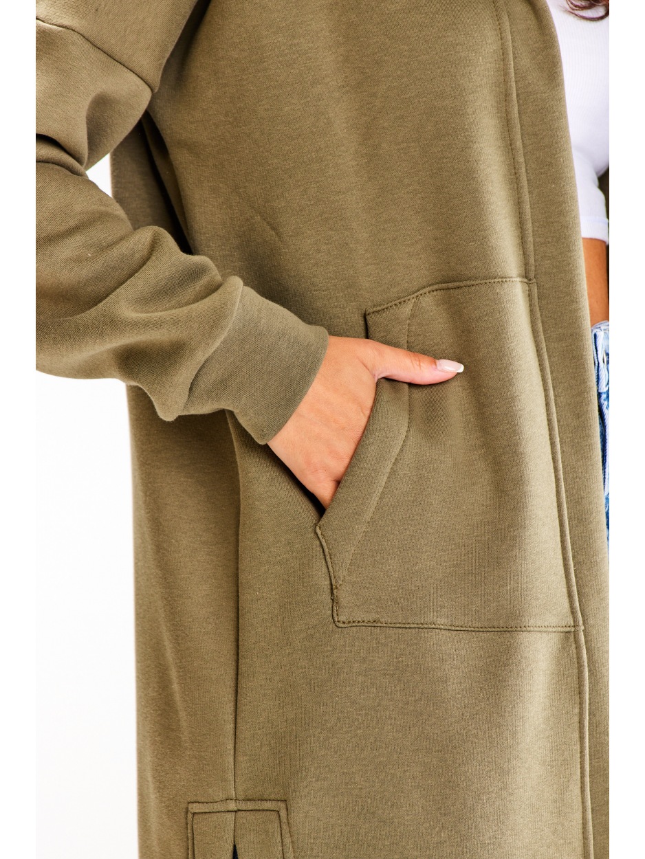 Długi  kardigan z bawełnianej dresówki  o prostym kroju – khaki - detal