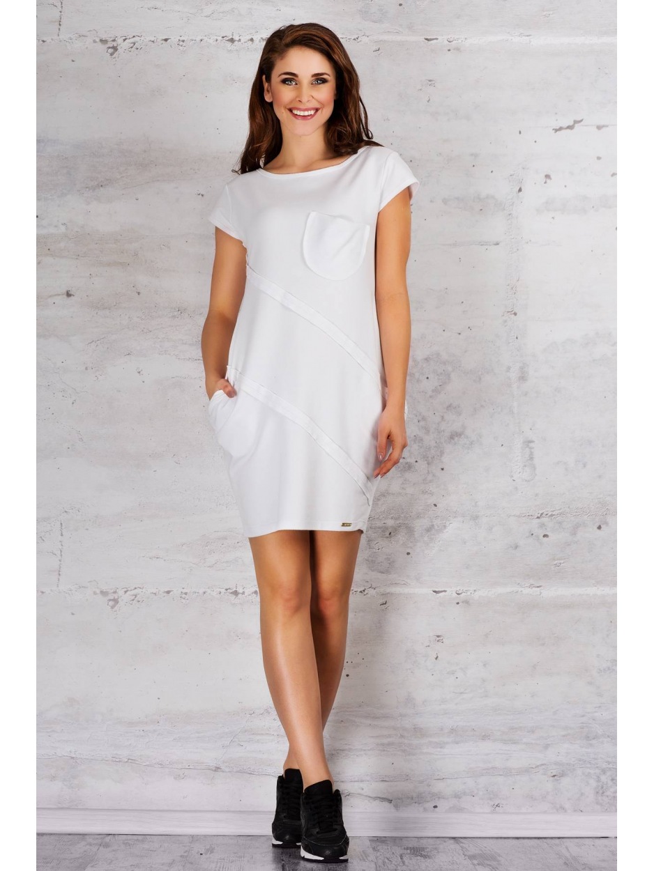 Bawełniana sukienka bombka mini z asymetrycznymi cięciami, biała - tył