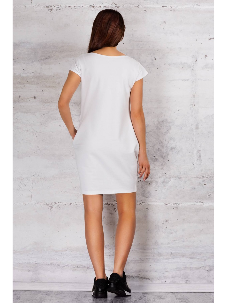 Bawełniana sukienka bombka mini z asymetrycznymi cięciami, biała - przód