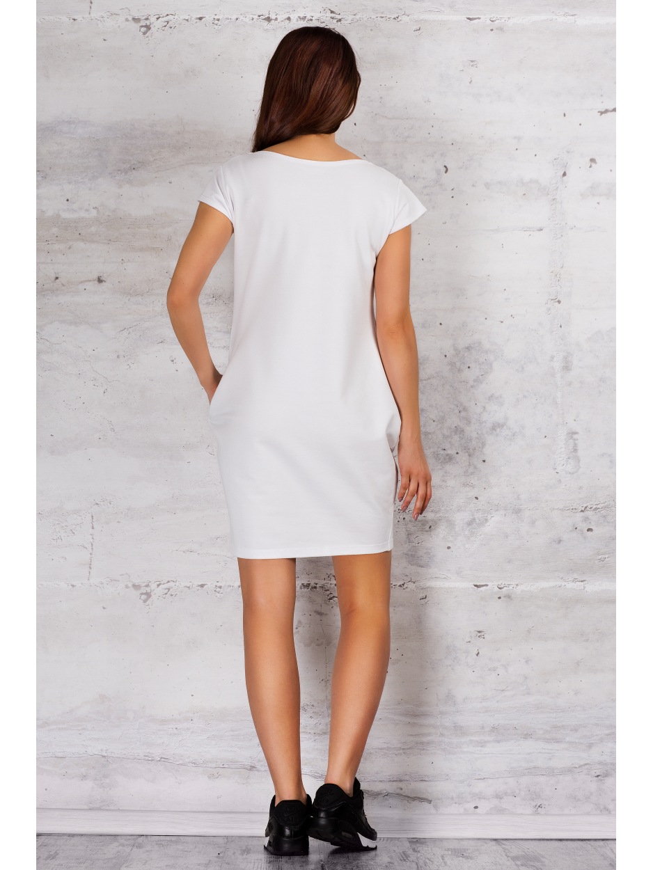 Bawełniana sukienka bombka mini z asymetrycznymi cięciami, biała - lewo