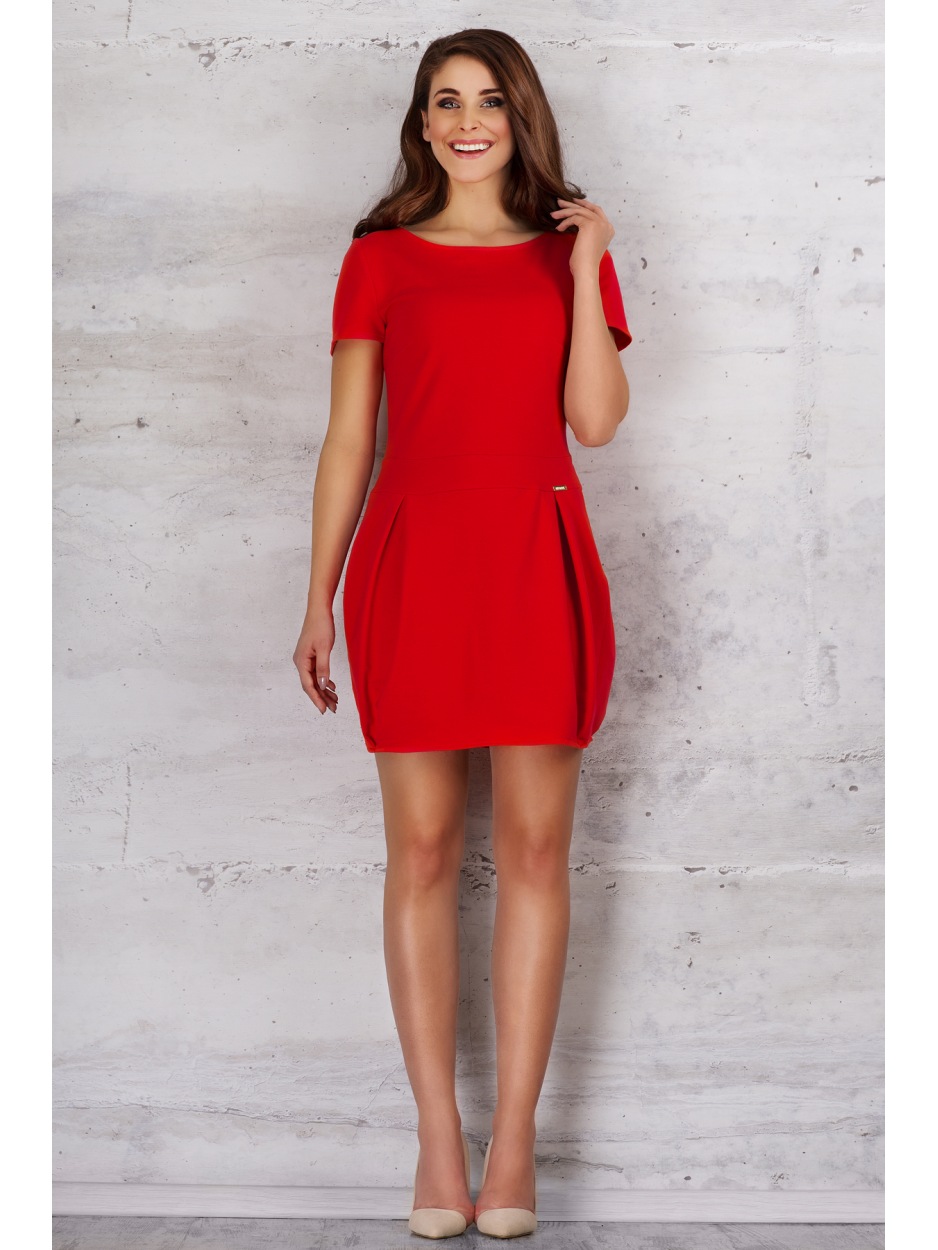 Bawełniana sukienka bombka mini z krótkimi rękawami, czerwona - tył