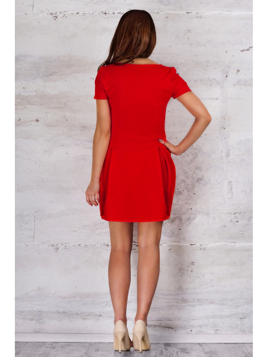 Bawełniana sukienka bombka mini z krótkimi rękawami, czerwona - przód