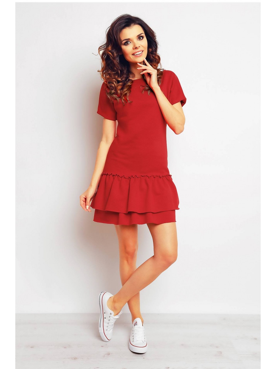 Bawełniana sukienka mini z falbanami i krótkimi rękawami, czerwona - tył