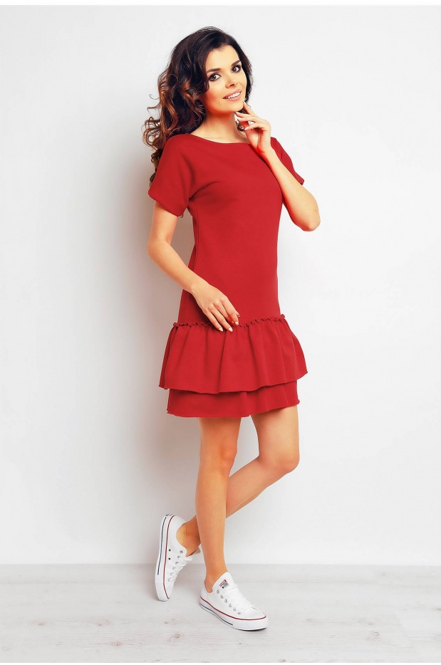 Bawełniana sukienka mini z falbanami i krótkimi rękawami, czerwona - przód