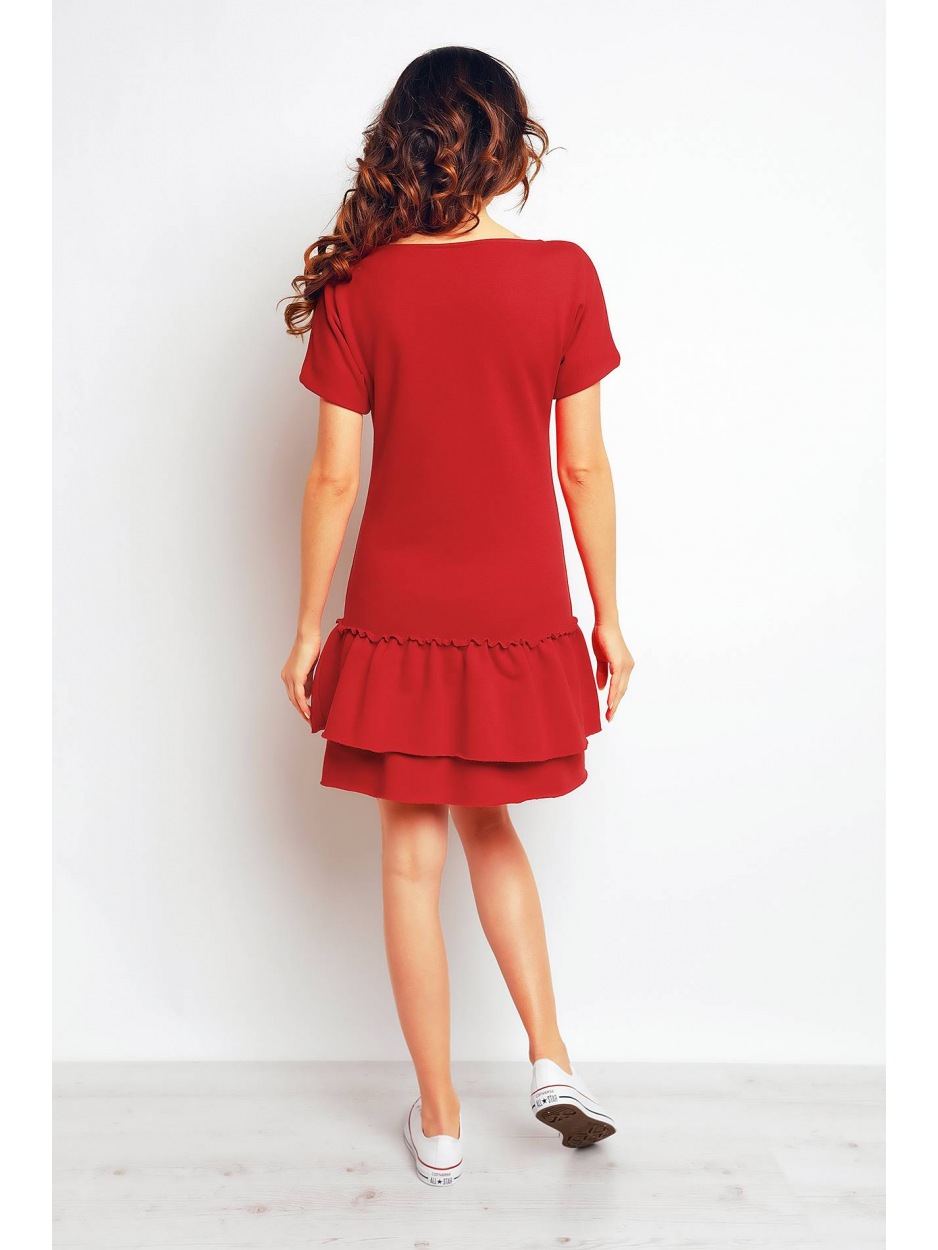 Bawełniana sukienka mini z falbanami i krótkimi rękawami, czerwona - bok